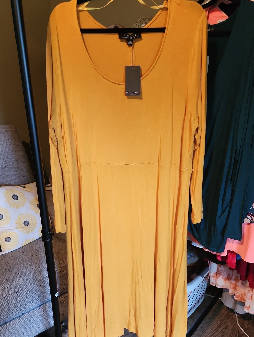 Eloquii Mustard Long Sleeve Scoop Neck Swing Dress
